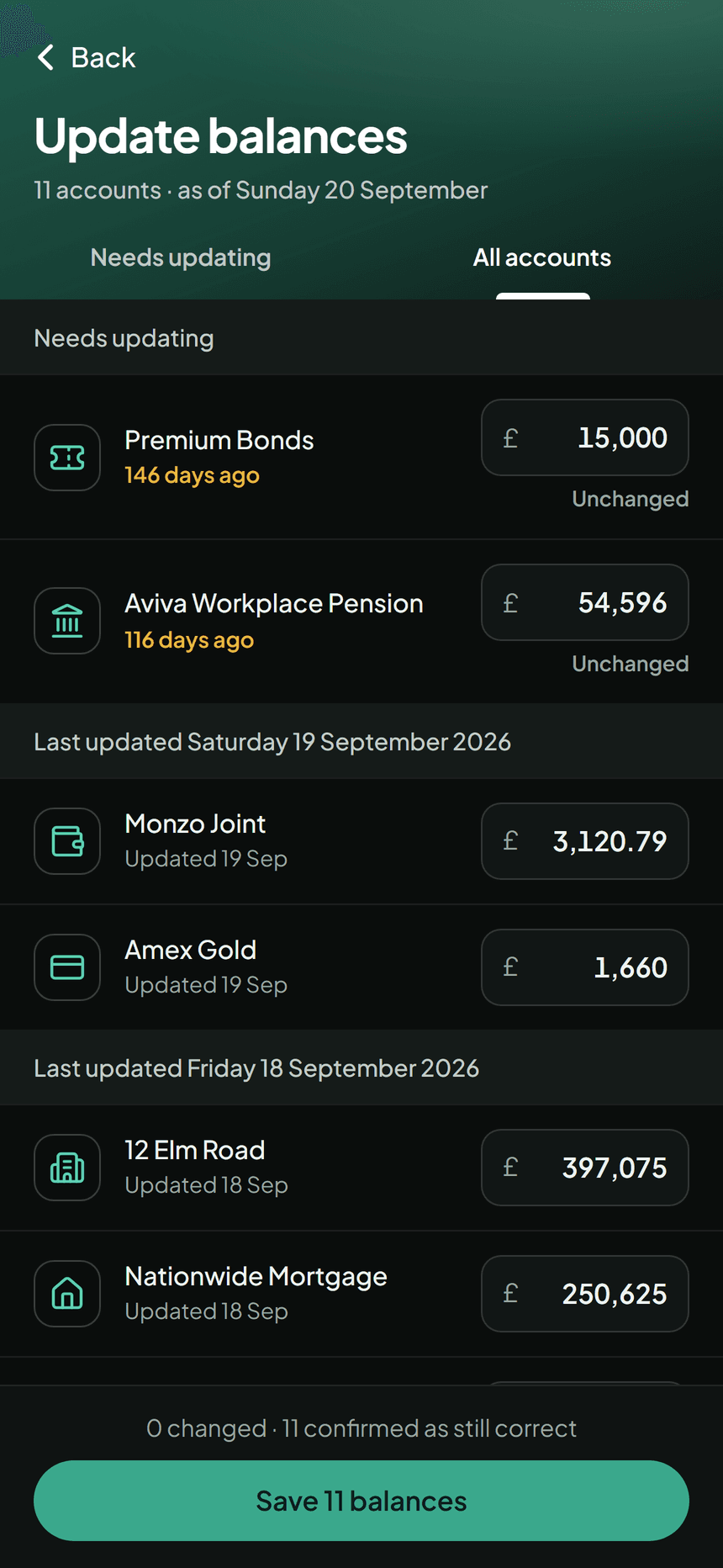 Clanfolio's update balances screen listing each account with its latest balance